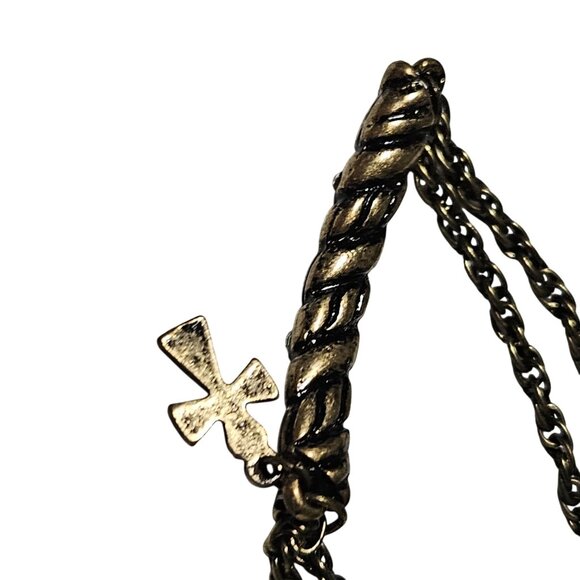 Antique Cross Charm Brass Tone Chain Bracelet Rhinestones Accent Religious Women - Picture 4 of 5